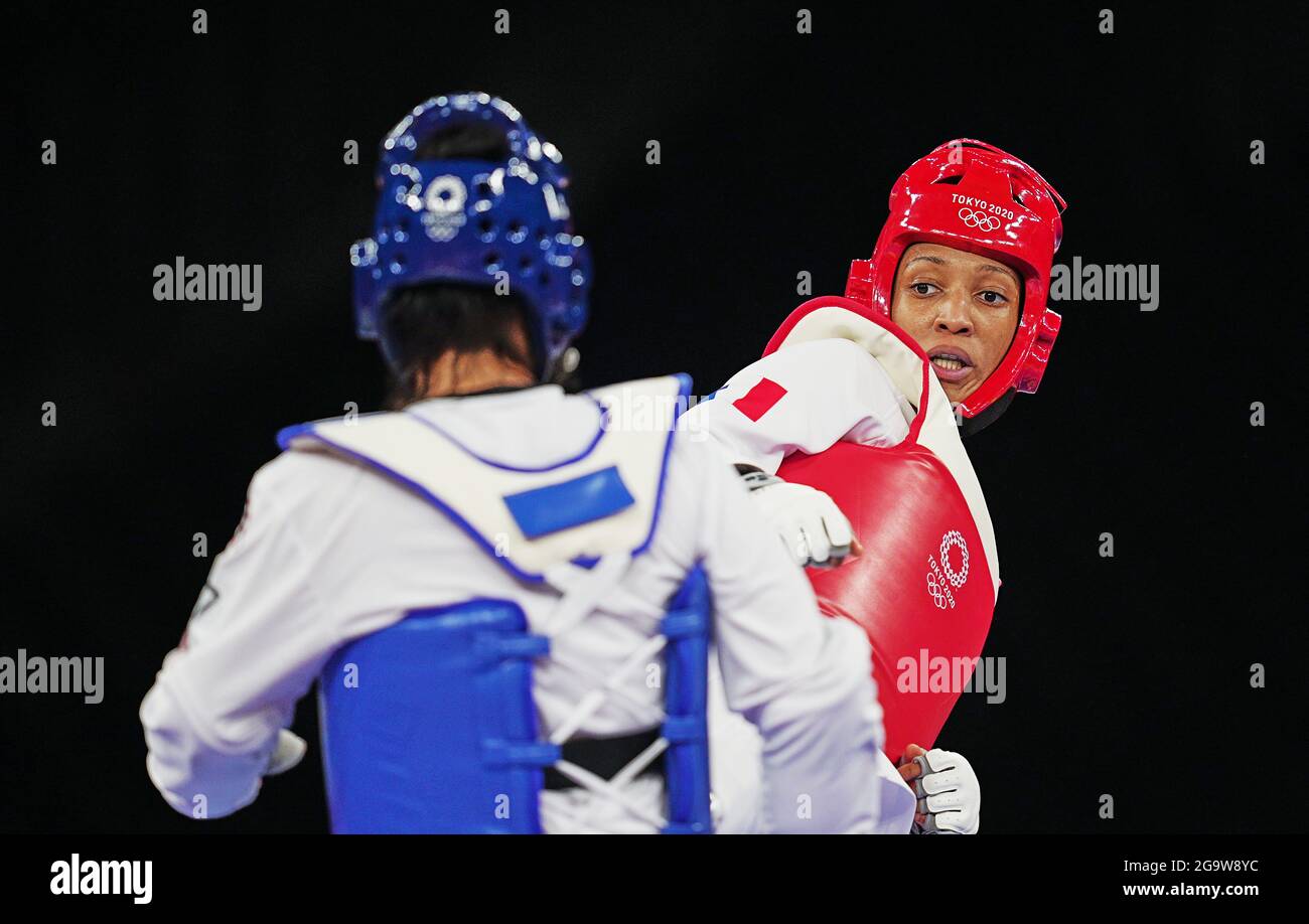 July 27, 2021: Althea Laurin from France and Briseida Acosta from Mexico during Taekwondo at the Tokyo Olympics at Makuhari Messe Hall A, Tokyo, Japan. Kim Price/CSM Stock Photo