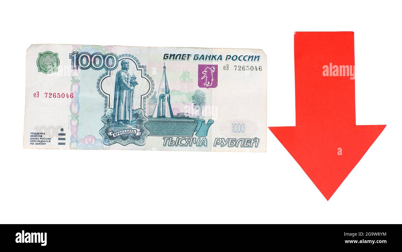 Red arrow on Russian money as depreciation of currency isolated on ...