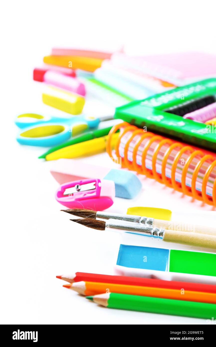 Bright school stationery, isolated on white Stock Photo - Alamy