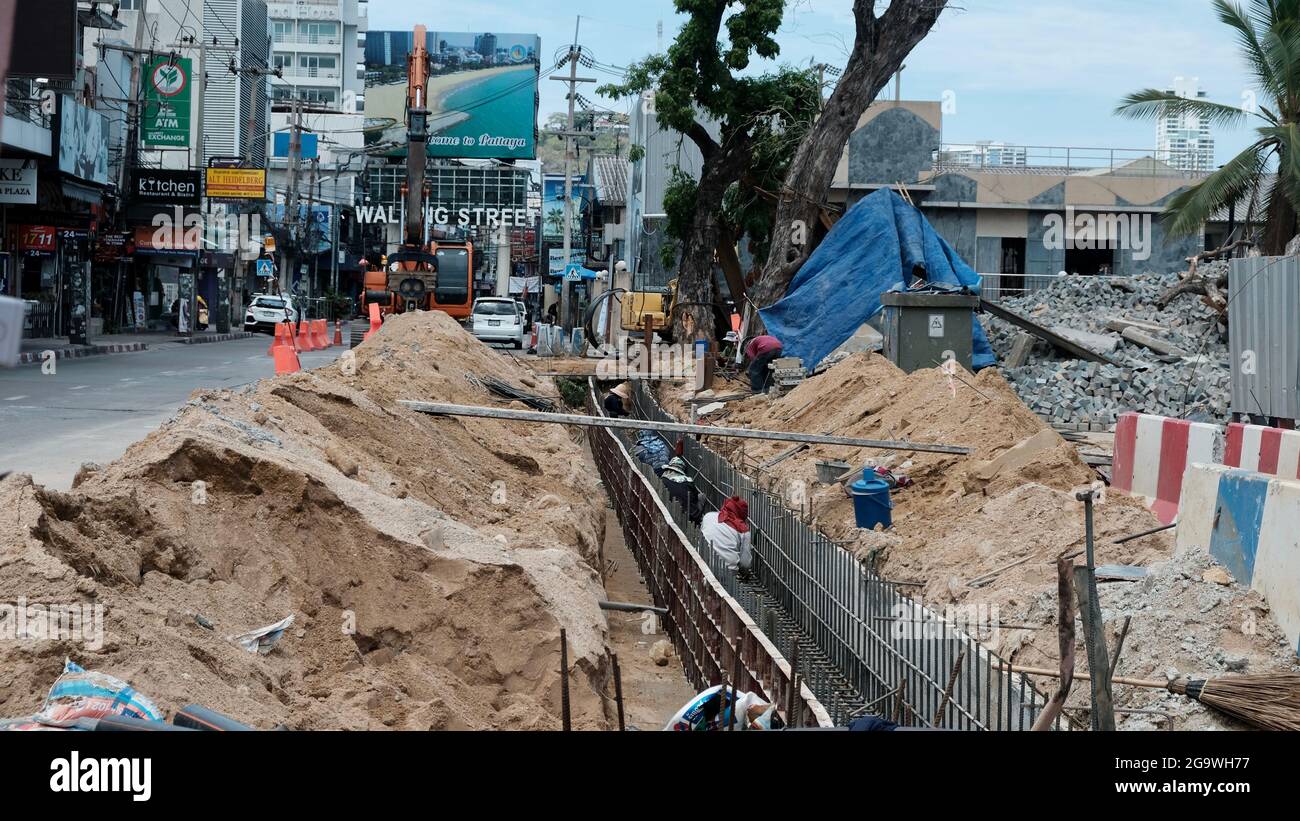 Digging Up Beach Road in Pattaya Thailand Stock Photo