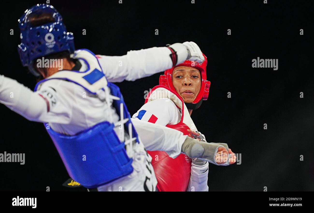 July 27, 2021: Althea Laurin from France and Shuying Zheng from China during Taekwondo at the Tokyo Olympics at Makuhari Messe Hall A, Tokyo, Japan. Kim Price/CSM Stock Photo