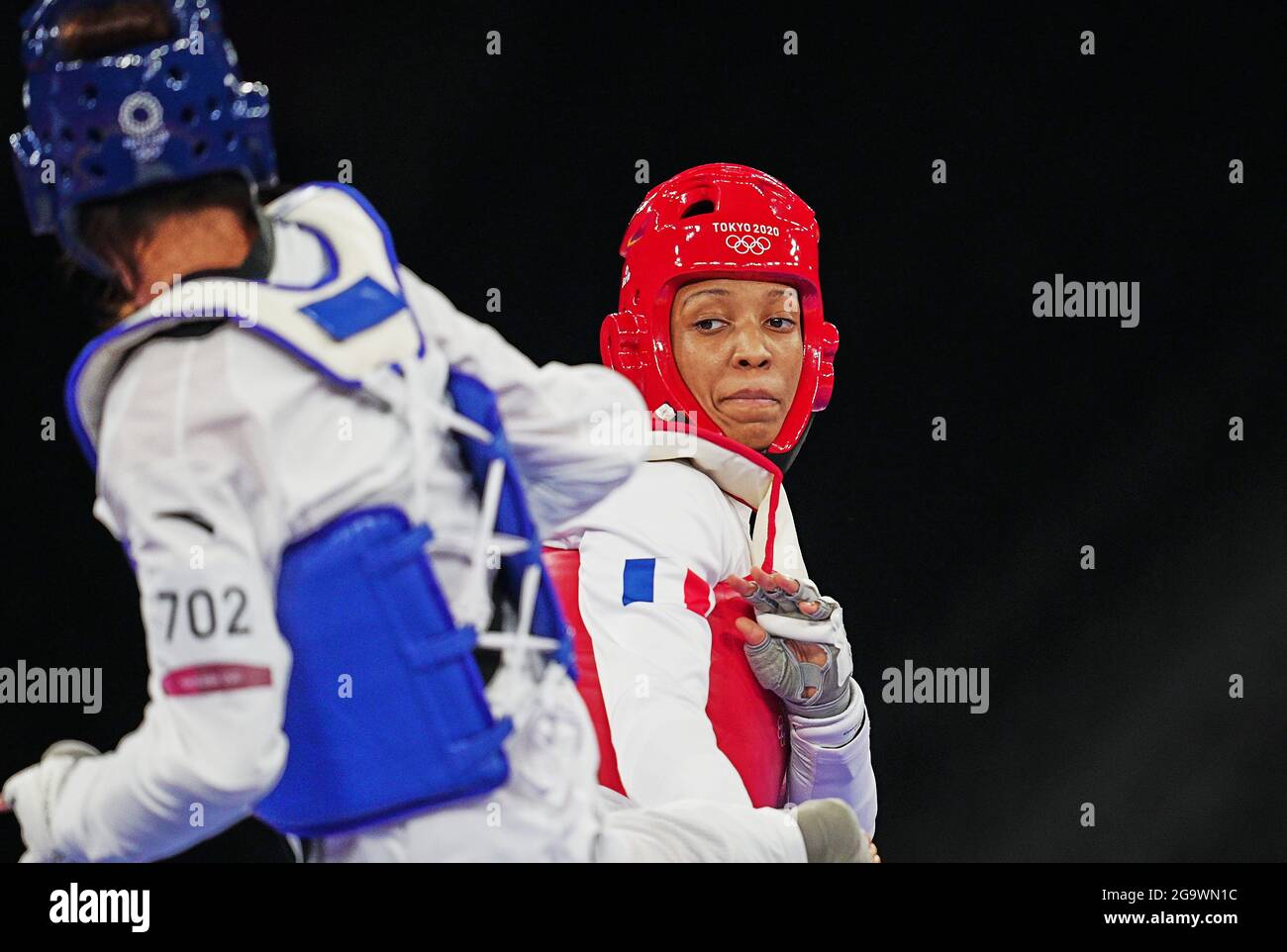 July 27, 2021: Althea Laurin from France and Shuying Zheng from China during Taekwondo at the Tokyo Olympics at Makuhari Messe Hall A, Tokyo, Japan. Kim Price/CSM Stock Photo