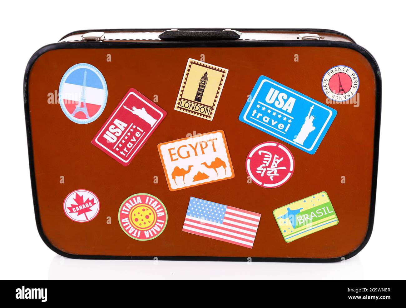 Suitcase with stickers isolated on white Stock Photo Alamy