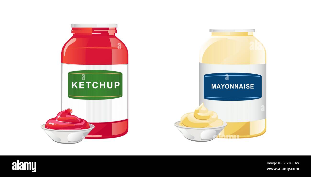 Ketchup and mayonnaise in jar set. Vector illustration in flat cartoon style Stock Vector Image