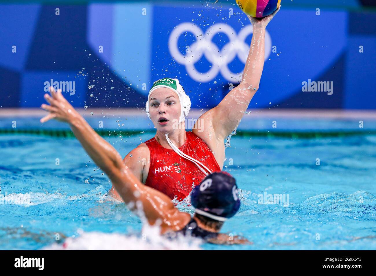 TOKYO, JAPAN - JULY 28: Dora Leimeter of Hungary, Maggie Steffens of United  States during the Tokyo 2020 Olympic Waterpolo Tournament women match  between Hungary and United States at Tatsumi Waterpolo Centre