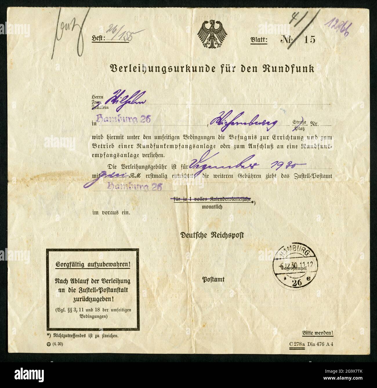 certificate of bestowal for radio broadcasting ( broadcasting licence ), front page, ADDITIONAL-RIGHTS-CLEARANCE-INFO-NOT-AVAILABLE Stock Photo