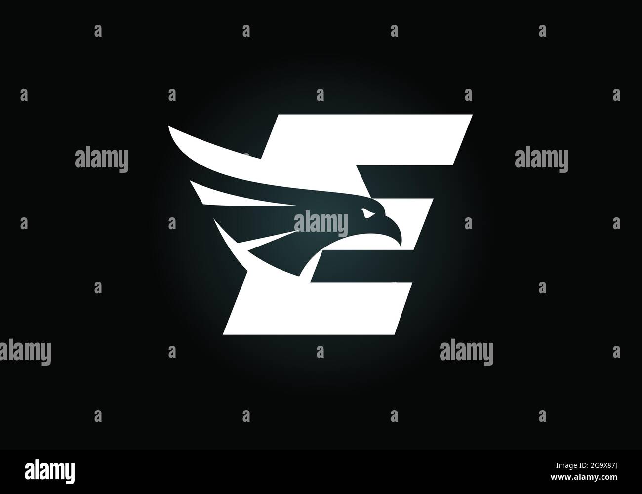 Initial E monogram letter alphabet with Eagle head negative space ...