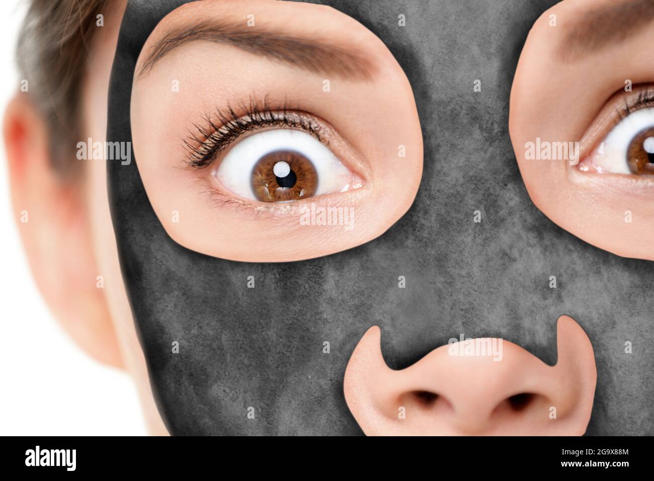Funny beauty facial treatment putting charcoal mask looking shocked. Scared or surprised girl with luxury skincare mask face, shocked Stock Photo - Alamy