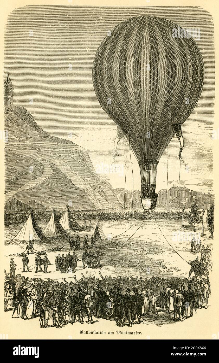 Paris, start of a balloon in Montmartre, starting place with lots of viewers, ADDITIONAL-RIGHTS-CLEARANCE-INFO-NOT-AVAILABLE Stock Photo