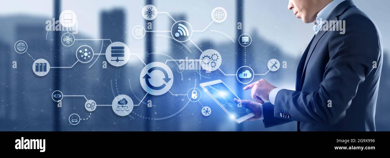 Man clicks on the Update icon. Upgrading concept. Stock Photo