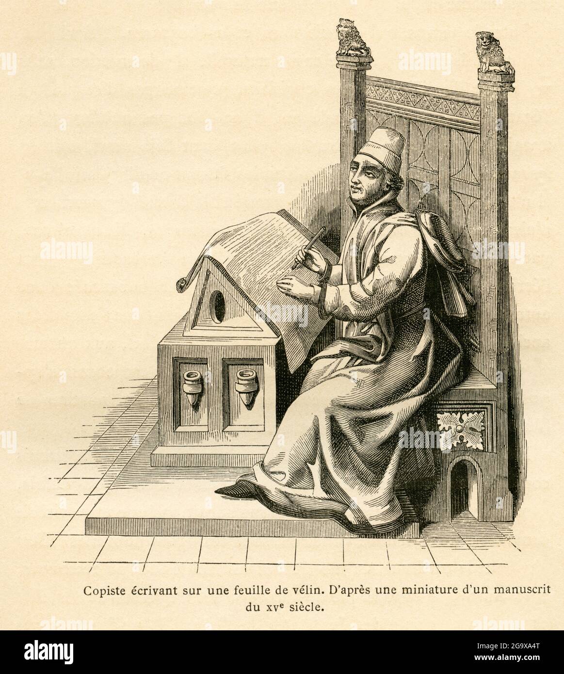 a monk copying a manuscript on a pergament from the 15th century, France, ADDITIONAL-RIGHTS-CLEARANCE-INFO-NOT-AVAILABLE Stock Photo