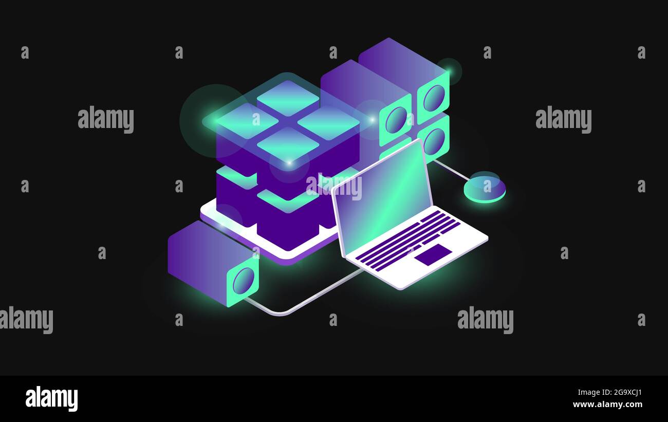 Isometric Blockchain Composition. Colorful Gradient Laptop and Devices ...
