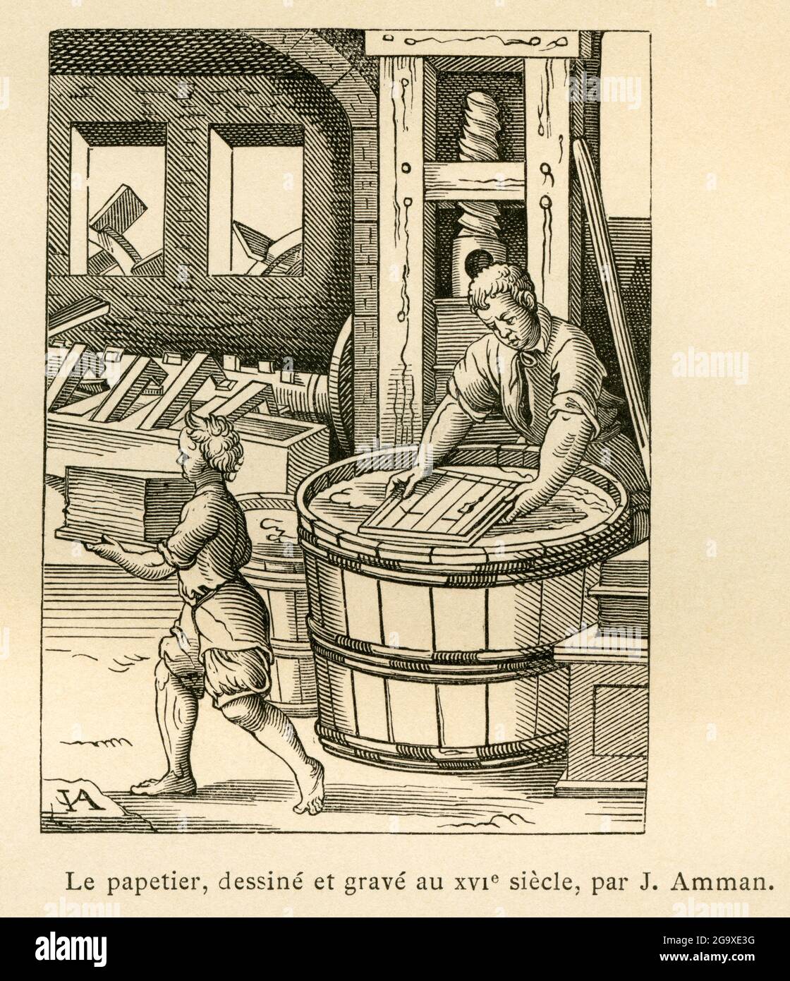 Papermaking 1700 Europe, France, paper production in the 16th century, by J. Amman ...