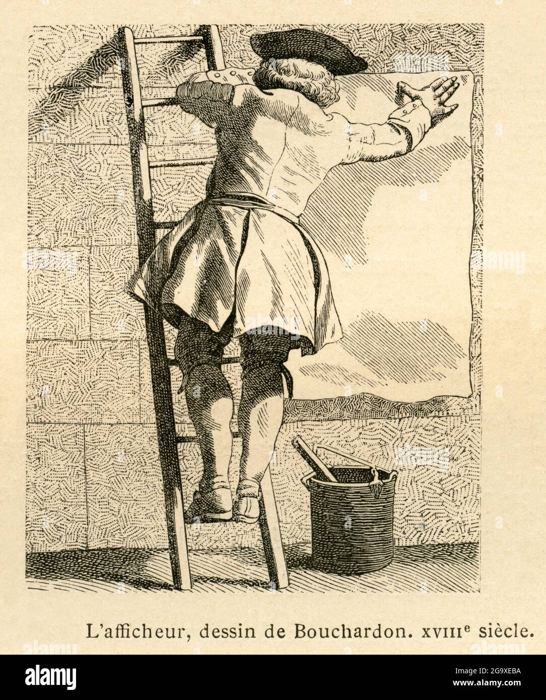 Europe, France, Paris, billsticker sticks a poster, drawing by Bouchardon, in the 18th century, ADDITIONAL-RIGHTS-CLEARANCE-INFO-NOT-AVAILABLE Stock Photo