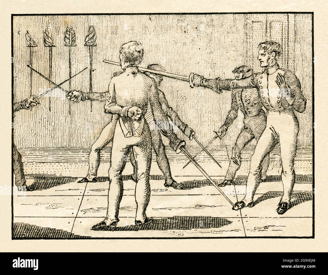 fencing exercise, titl 'Heroism and courage', image from: 'Neuer Orbis Pictus für die Jugend, ADDITIONAL-RIGHTS-CLEARANCE-INFO-NOT-AVAILABLE Stock Photo