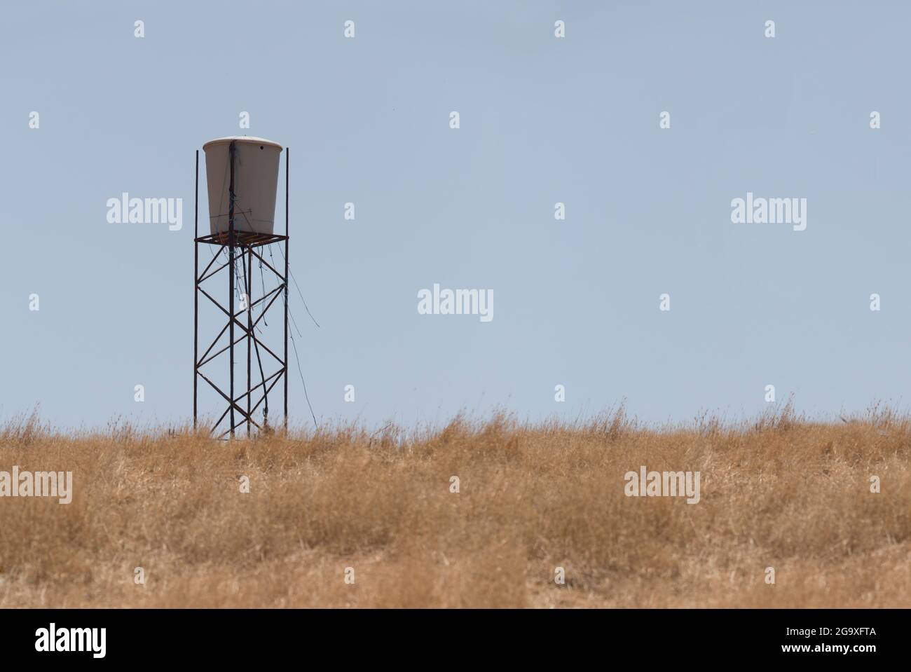 Water tank in the middle of dry pastures. Lack of water resources for cattle concept Stock Photo