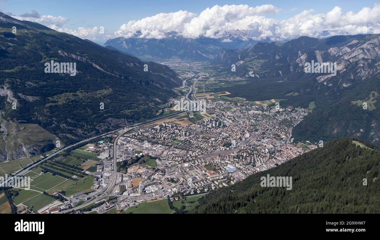 Aerial view of the Swiss city of Chur in the Rhine Valley Stock Photo