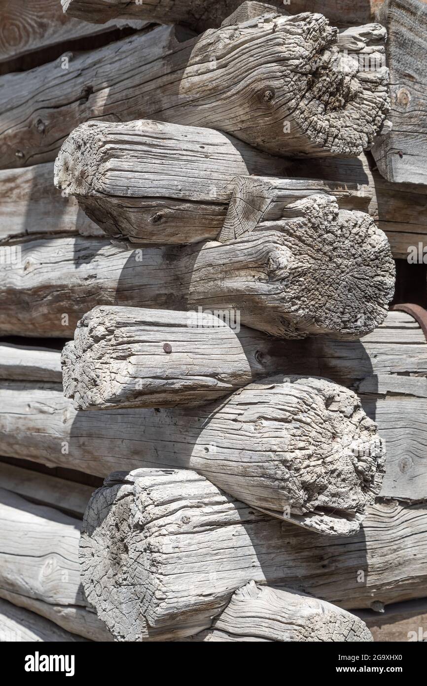 connection of the wooden logs in an old barn Stock Photo