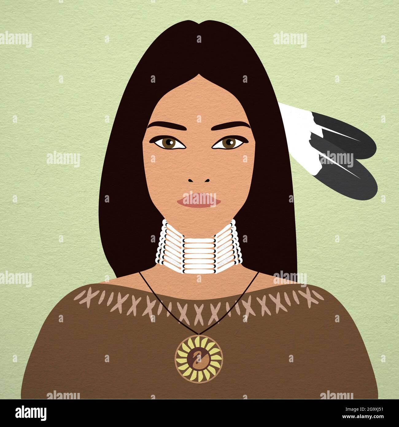 Flat style from the waist up portrait illustration of a beautiful native American (Indian) young woman on green background Stock Photo