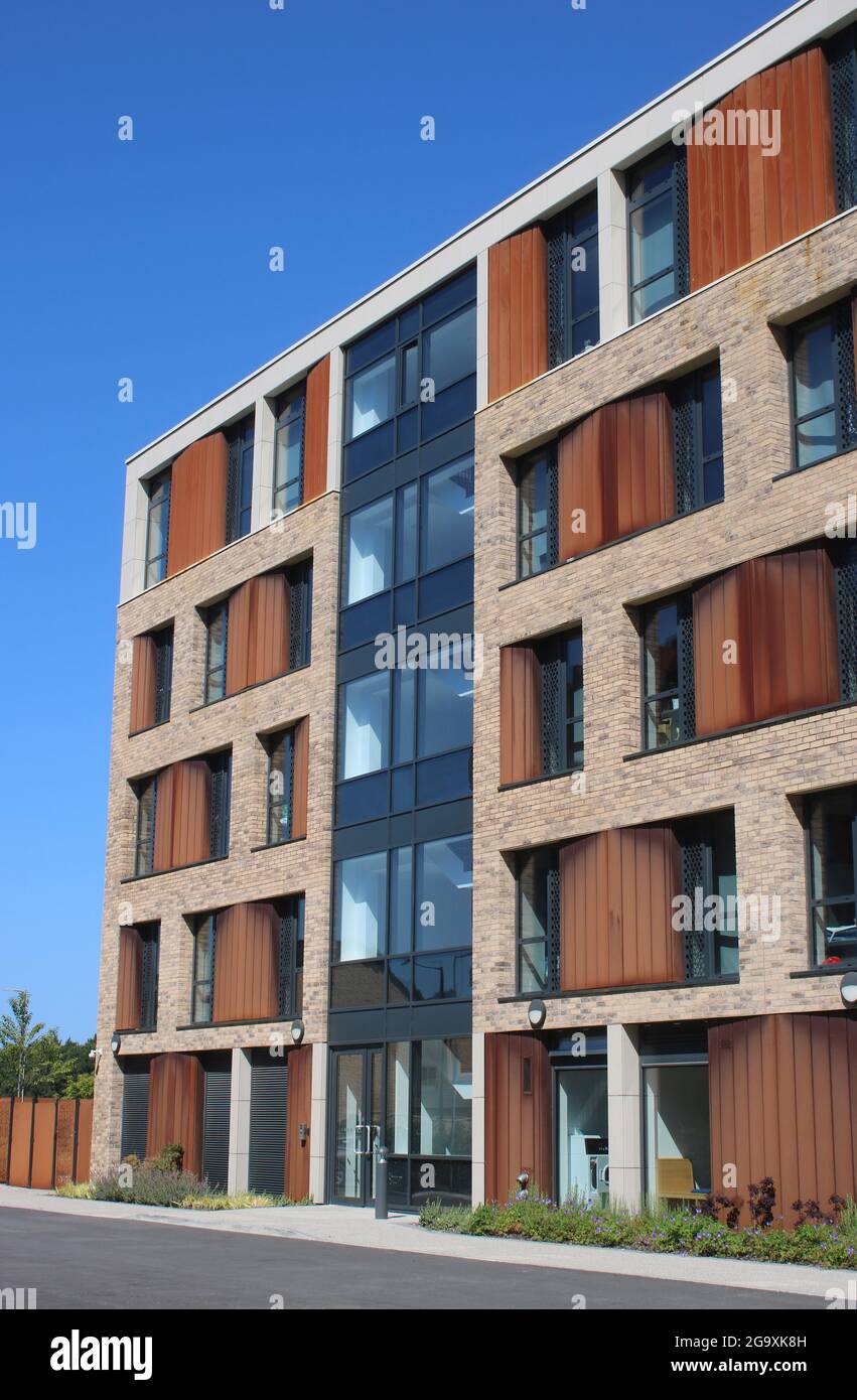 View of exterior of modern apartment block in Luneside East Regeneration Project on St George's Quay, Lancaster, Lancashire, July 2021. Stock Photo