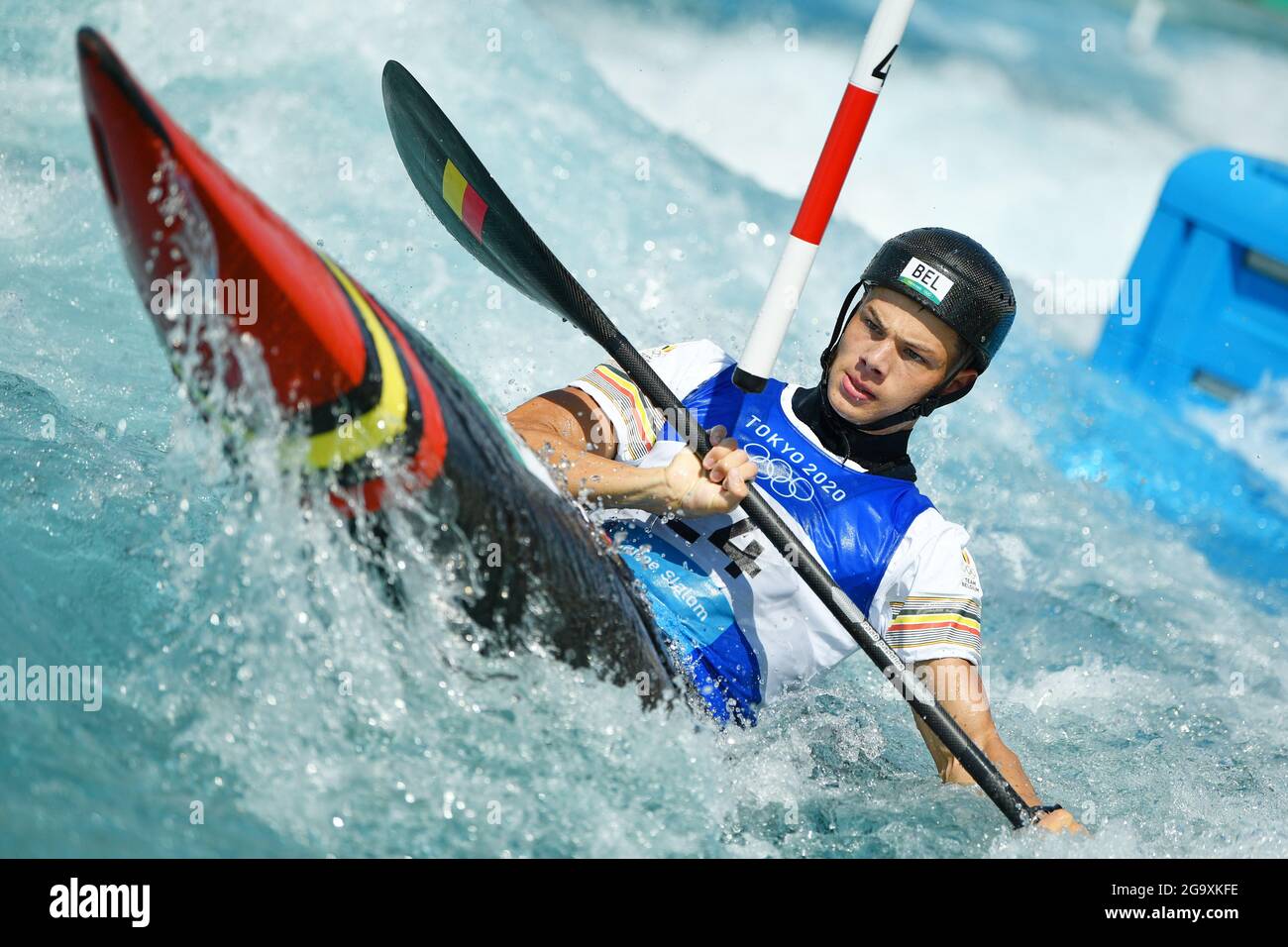 the Kasai Canoe Slalom Centre. 28th July, 2021. de COSTER Gabriel (BEL),  JULY 28, 2021 - Canoe Slalom : Men's Kayak Heats 1st Run during the Tokyo  2020 Olympic Games at the
