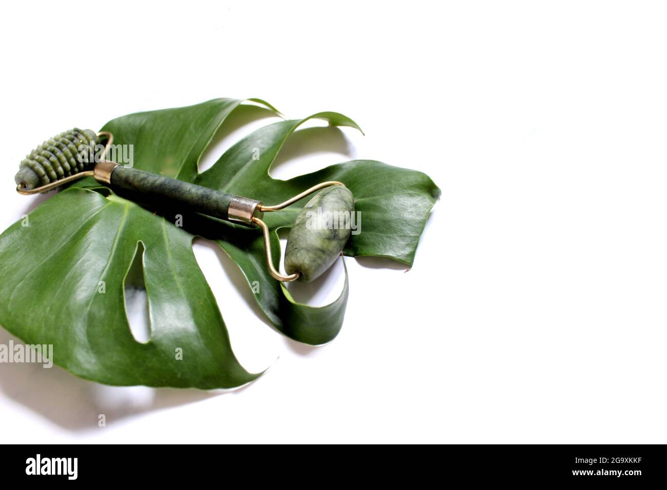 face roller massager with a monstera leaf. Hard light, shadows, the concept self-care. Facial care. Zero waste. Lifting and toning treatment at home Stock Photo