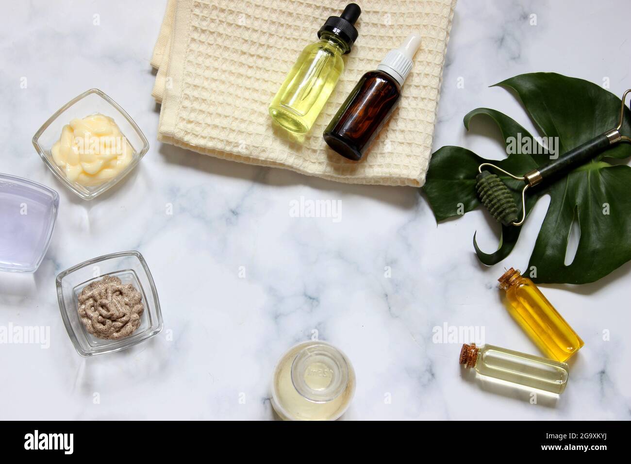 face roller massager with a monstera leaf. Hard light, shadows, the concept self-care. Facial care. Zero waste. Lifting and toning treatment at home Stock Photo