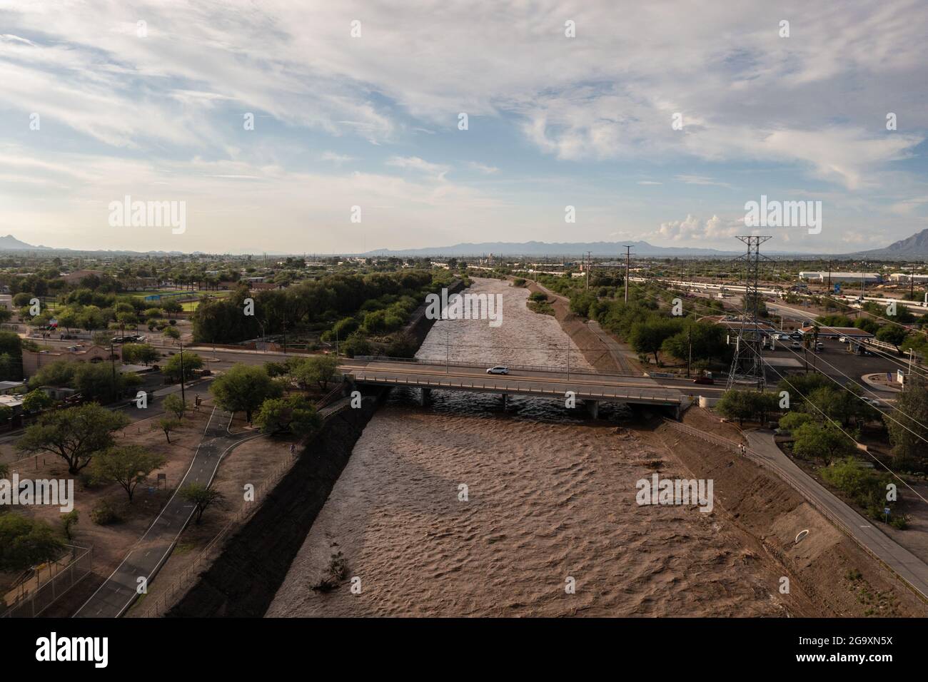 Normally dry river bed in Arizona is full of water Stock Photo