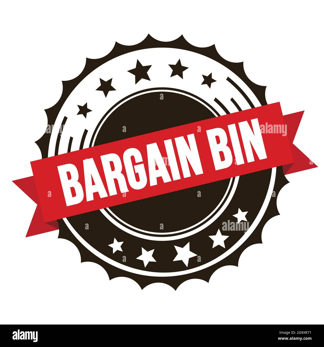 BARGAIN BIN text on red brown ribbon badge stamp. Stock Photo