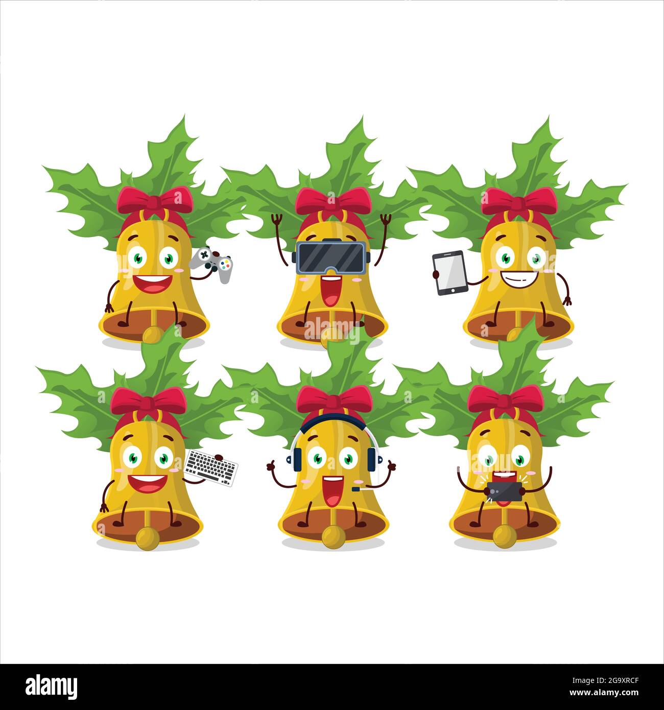 jingle christmas bells cartoon character are playing games with various cute emoticons. Vector