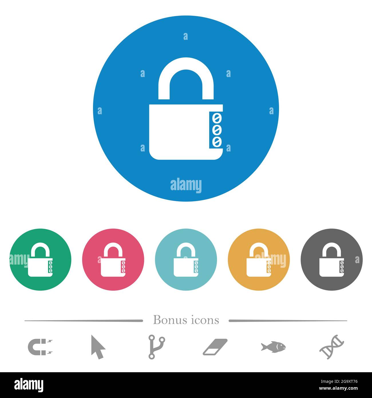 Locked combination lock with side numbers flat white icons on round color backgrounds. 6 bonus