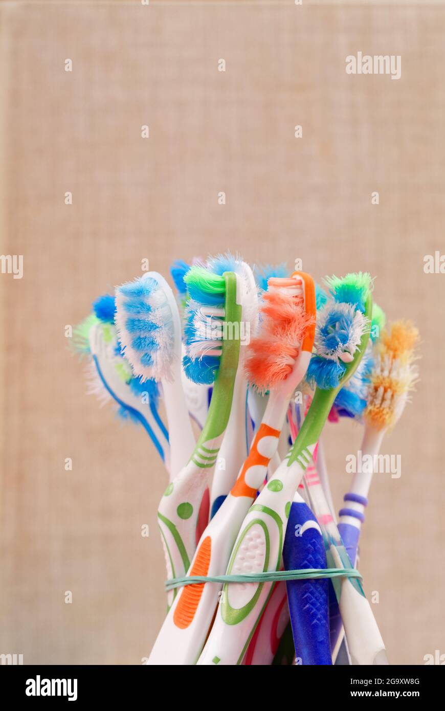 Used Toothbrushes Colorful used plastic toothbrushes in bathroom Stock Photo - Alamy