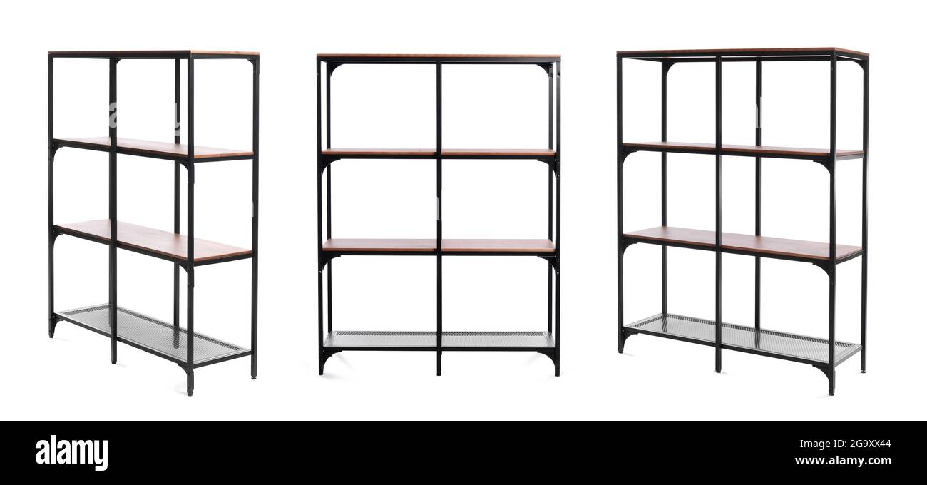 Empty shelving unit on white background Stock Photo