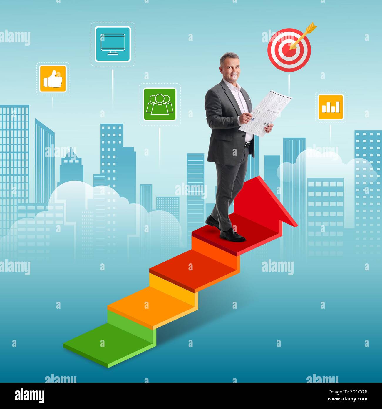 Mature businessman with newspaper climbing career ladder in modern city