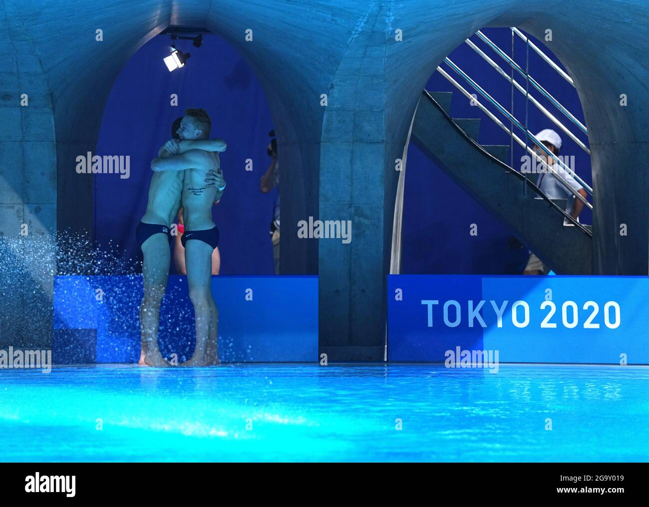 Tokyo, Japan. 28th July, 2021. Andrew Capobianco/Michael Hixon of the United States celebrate after diving men's synchronised 3m springboard final at the Tokyo 2020 Olympic Games in Tokyo, Japan, July 28, 2021. Credit: Xu Chang/Xinhua/Alamy Live News Stock Photo