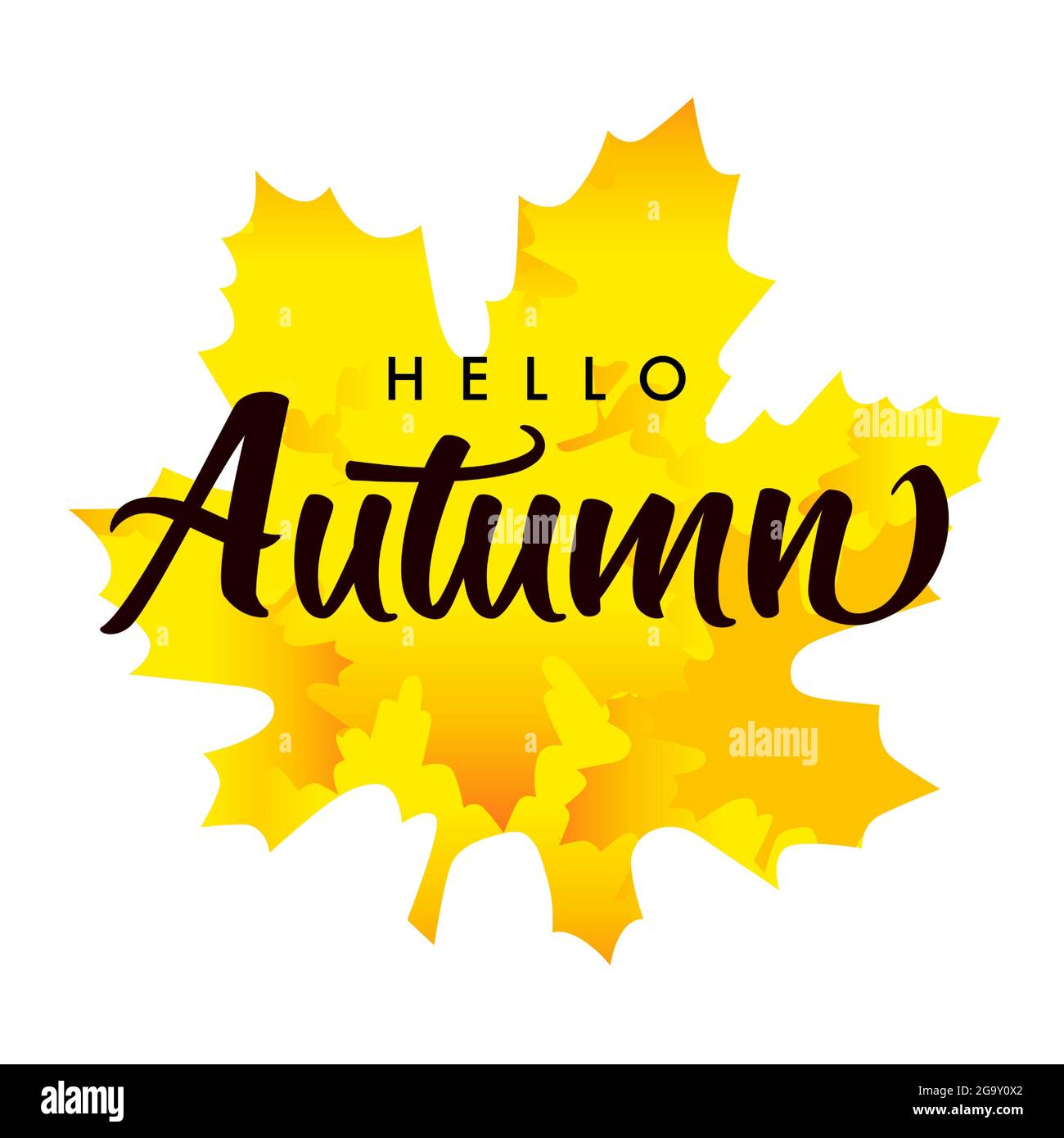 Hello autumn, lettering on yellow maple leaf. Hand written phrase on orange watercolor maple leaf background. Seasonal decorative vector banner Stock Vector