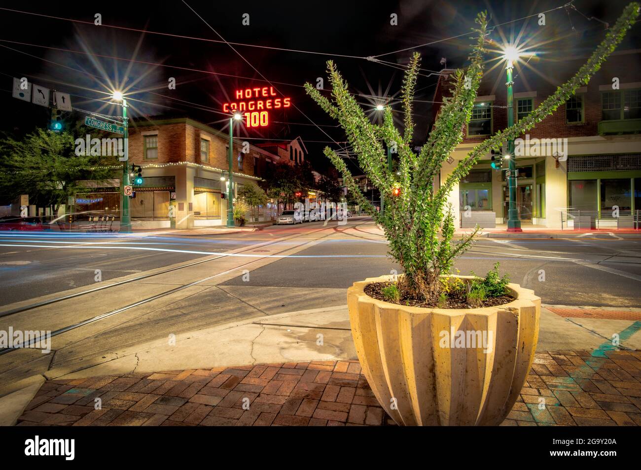Downtown Tucson at night with Hotel Congress in background Stock Photo