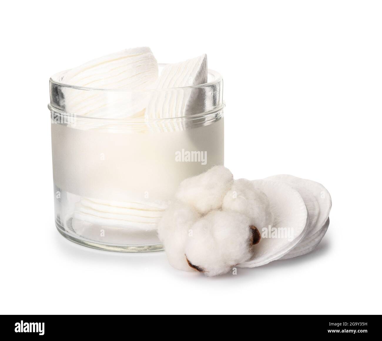 Glass jar with cotton pads on white background Stock Photo Alamy