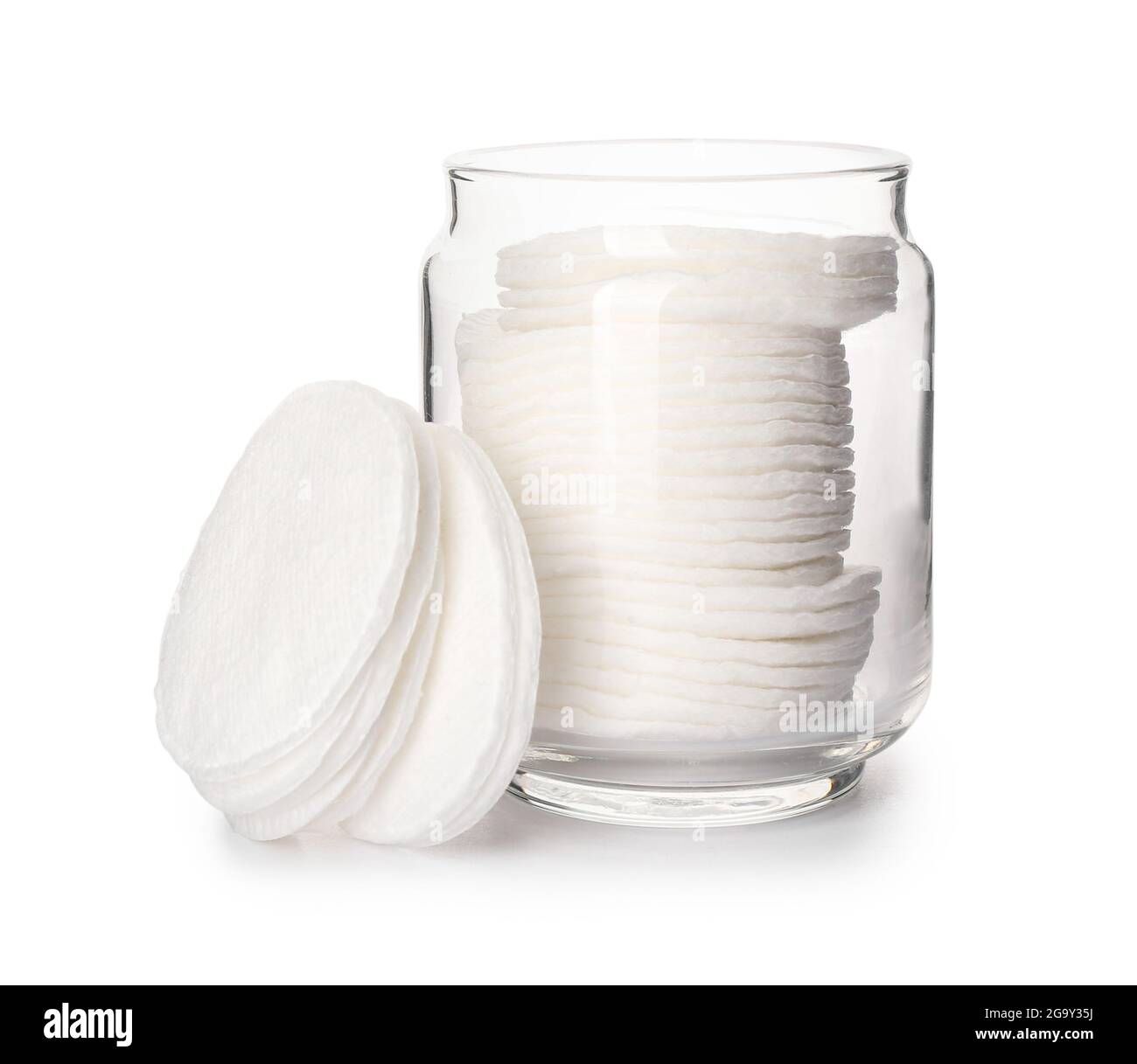 Glass jar with cotton pads on white background Stock Photo Alamy