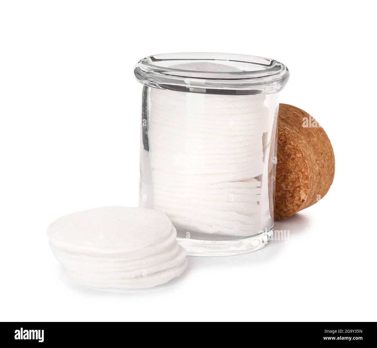 Glass jar with cotton pads on white background Stock Photo Alamy