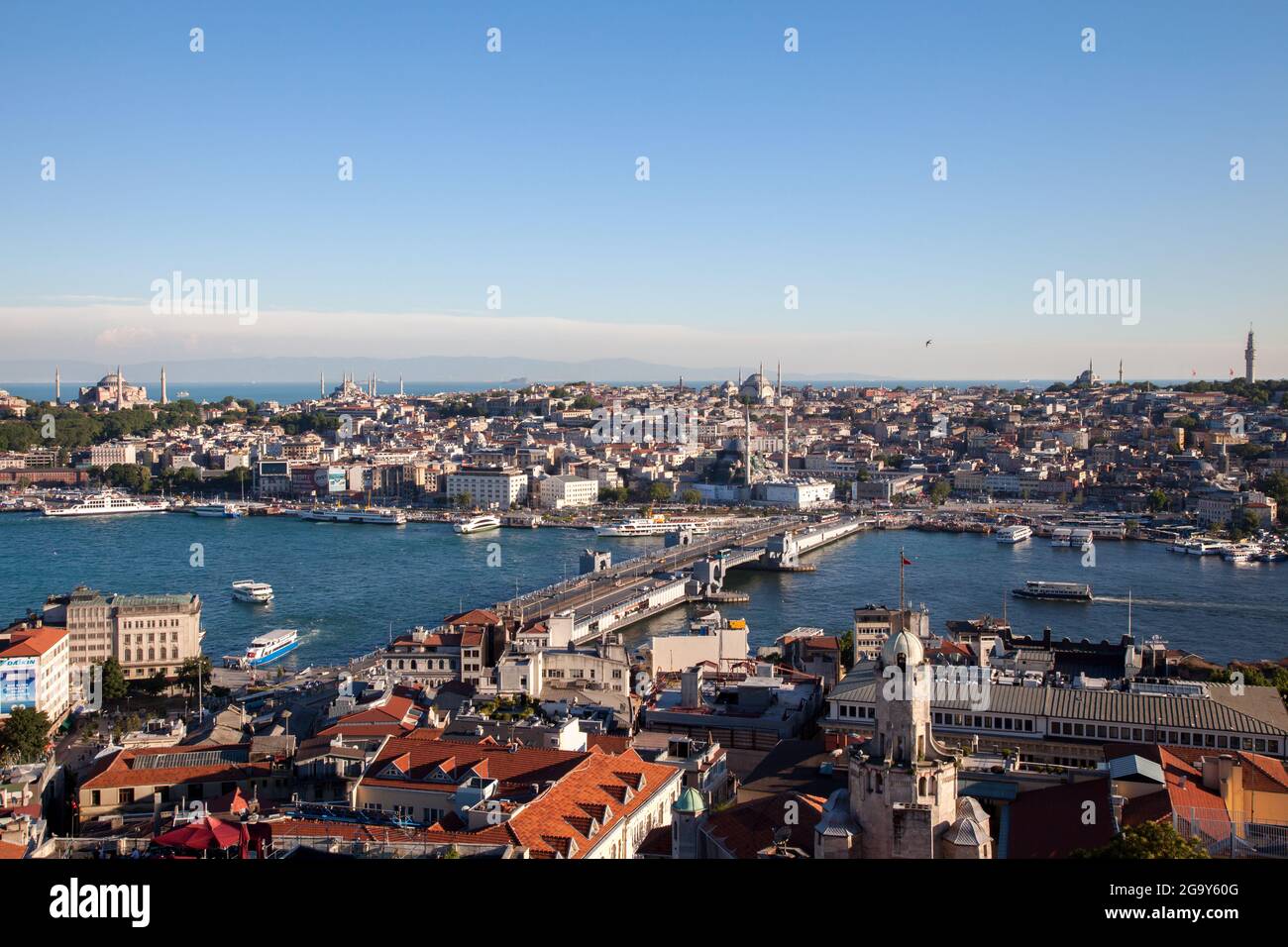 Beyoglu,Istanbul - 06-13-2017:Galata bridge, Eminonu, Golden Horn view from Galata tower Stock Photo