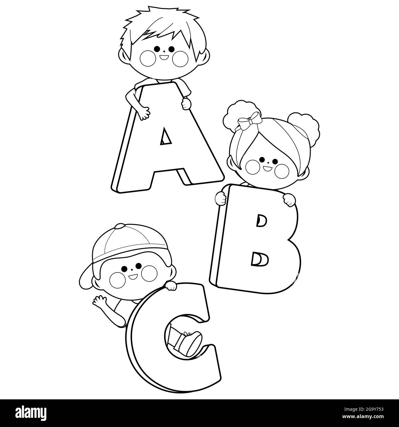 Children holding cartoon letters. Black and white coloring page Stock Photo