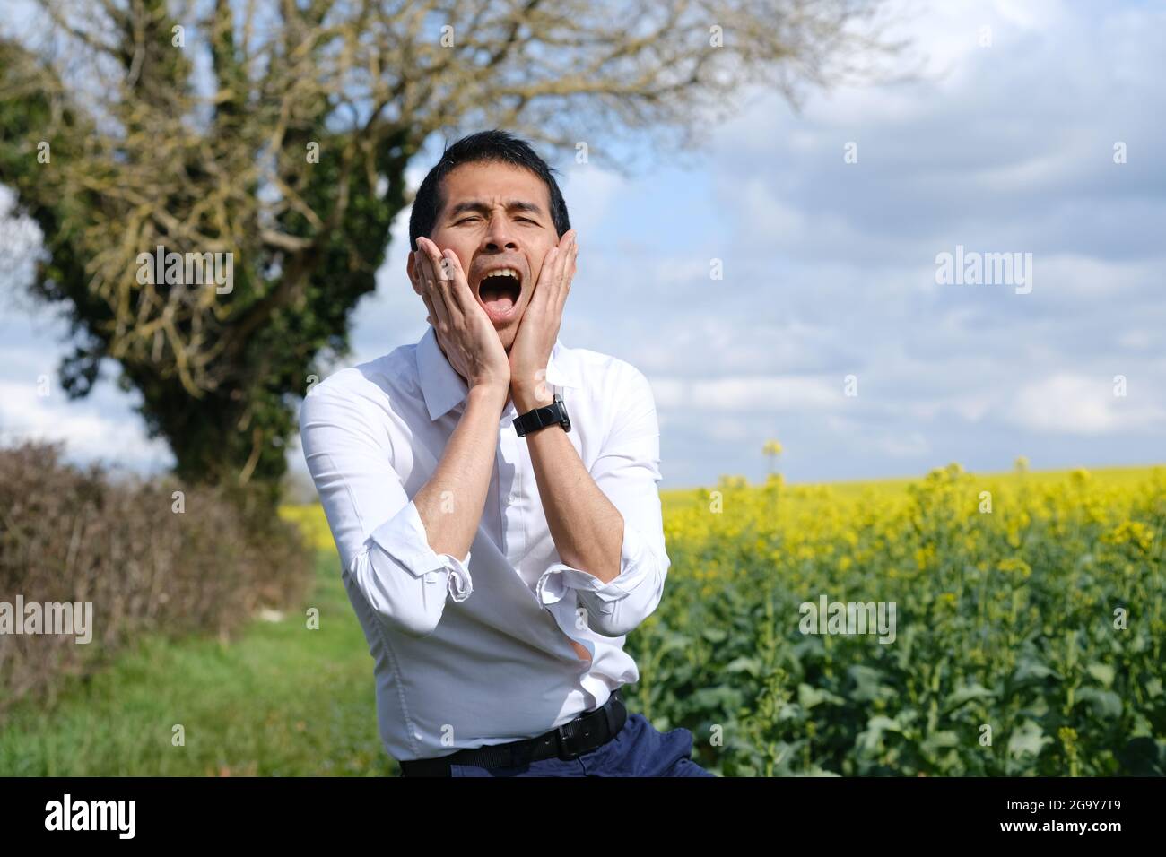 Man standing in a field with his hands on his face screaming, France Stock Photo