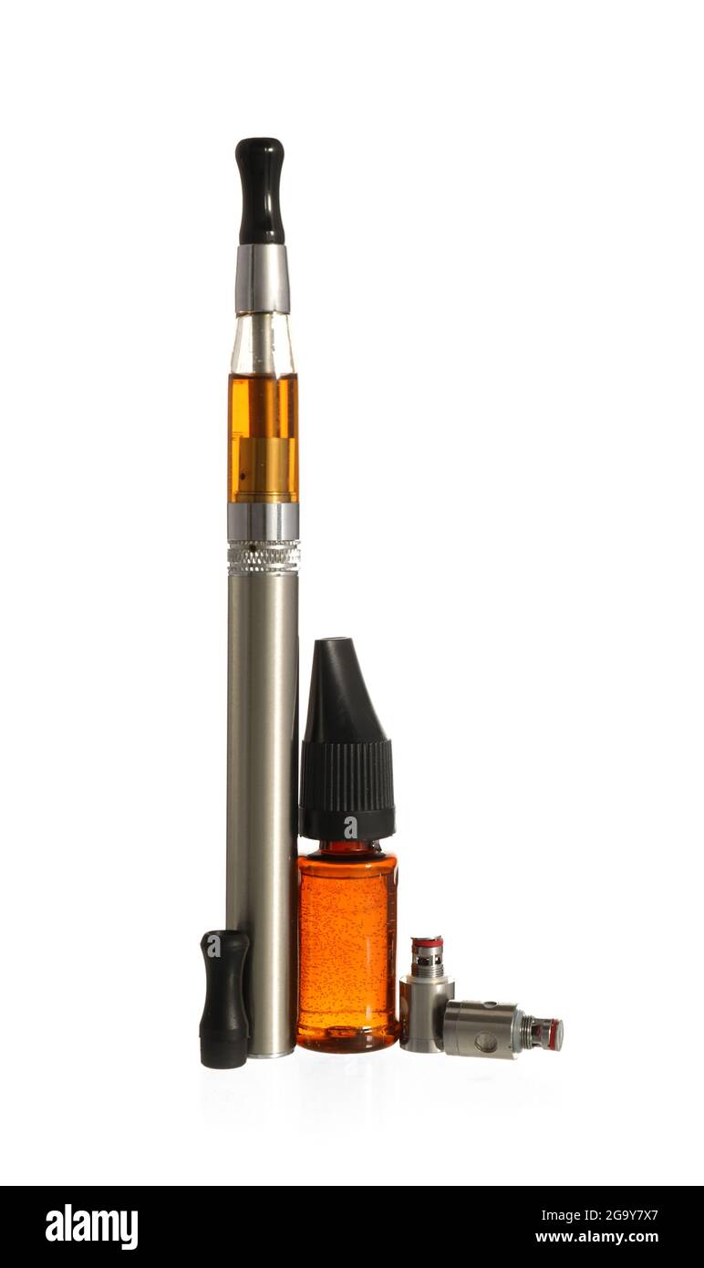 Electronic cigarette with oil on white background Stock Photo