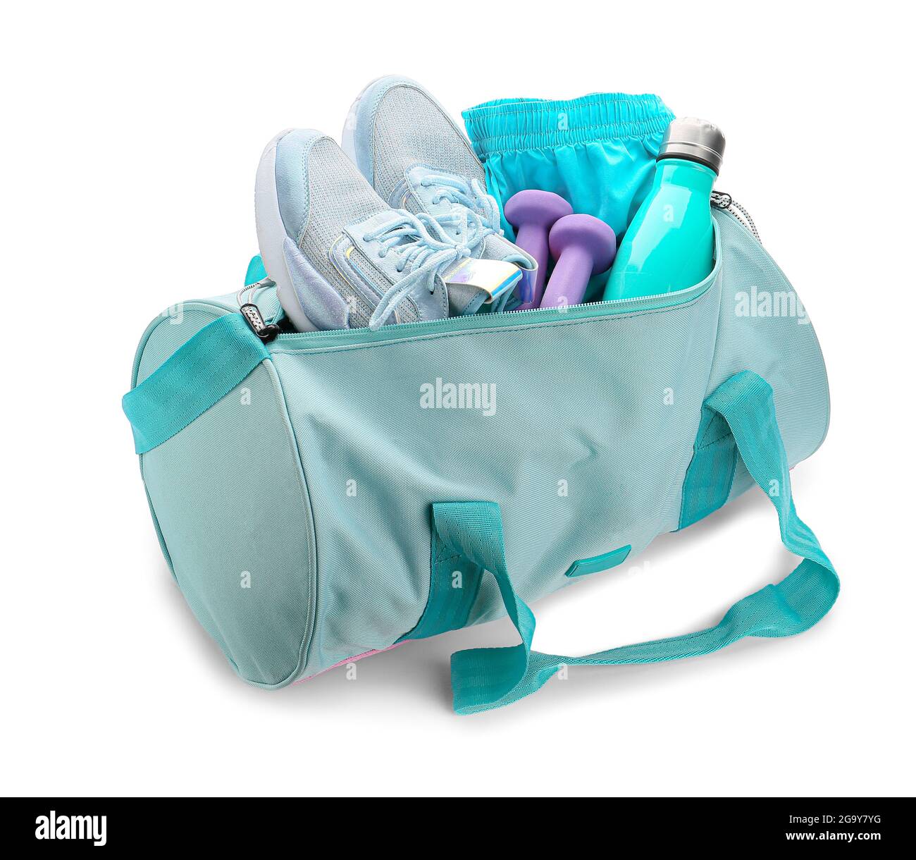 Bag with sports equipment on white background Stock Photo - Alamy