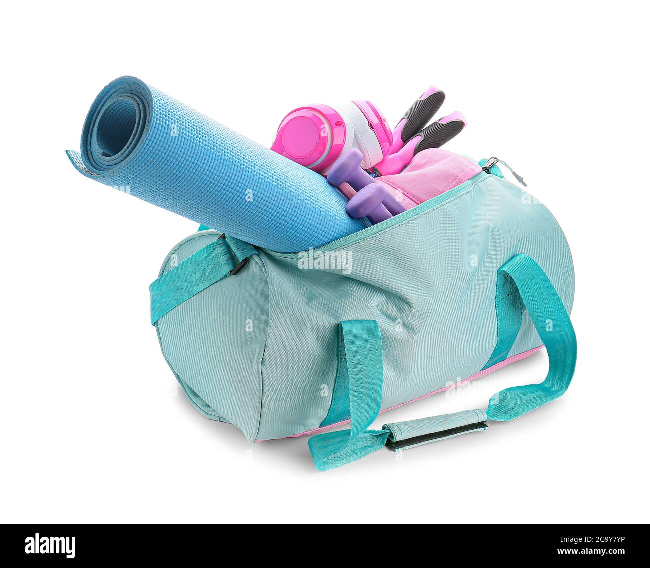 Bag with sports equipment on white background Stock Photo - Alamy