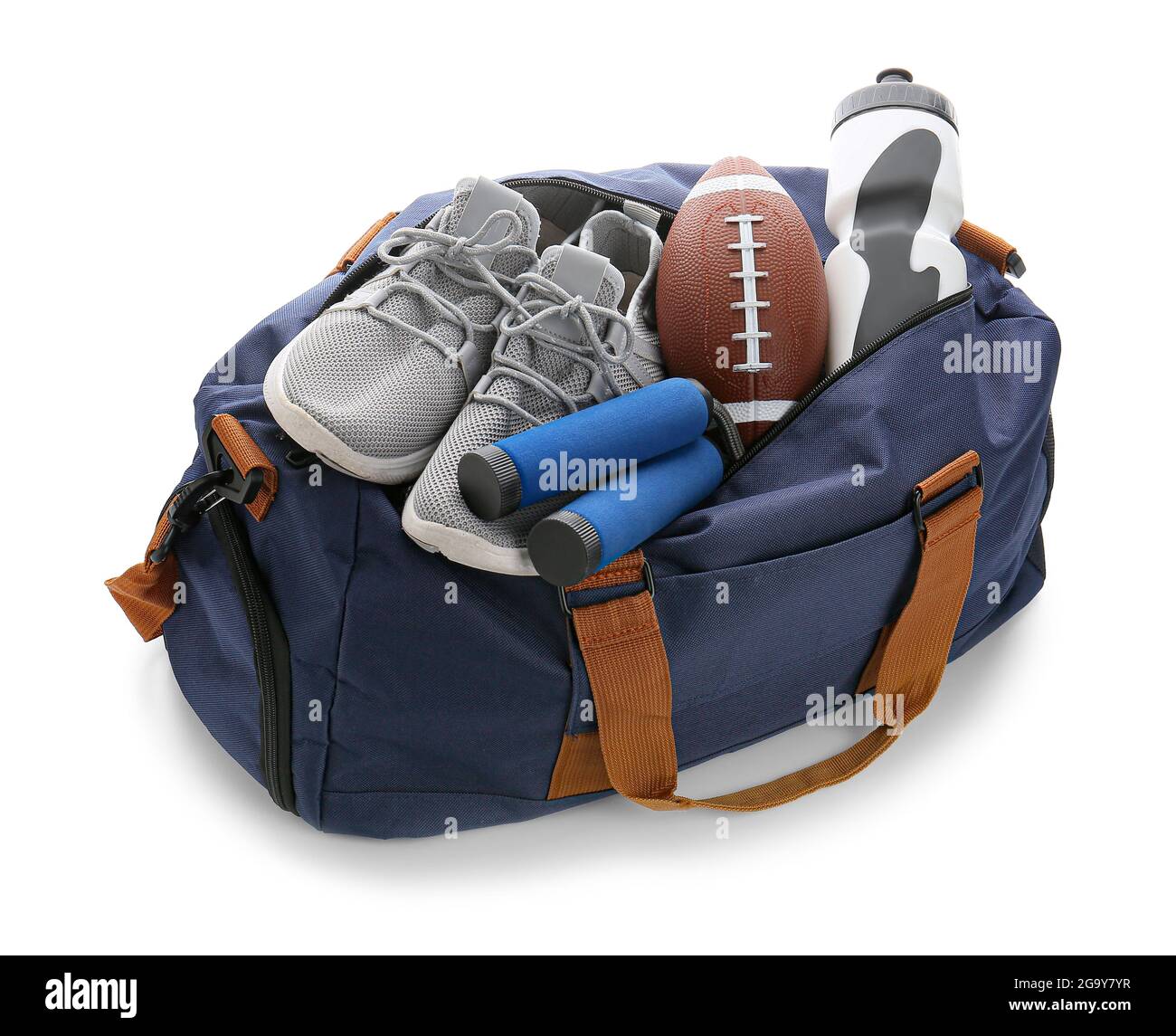 Bag with sports equipment on white background Stock Photo - Alamy