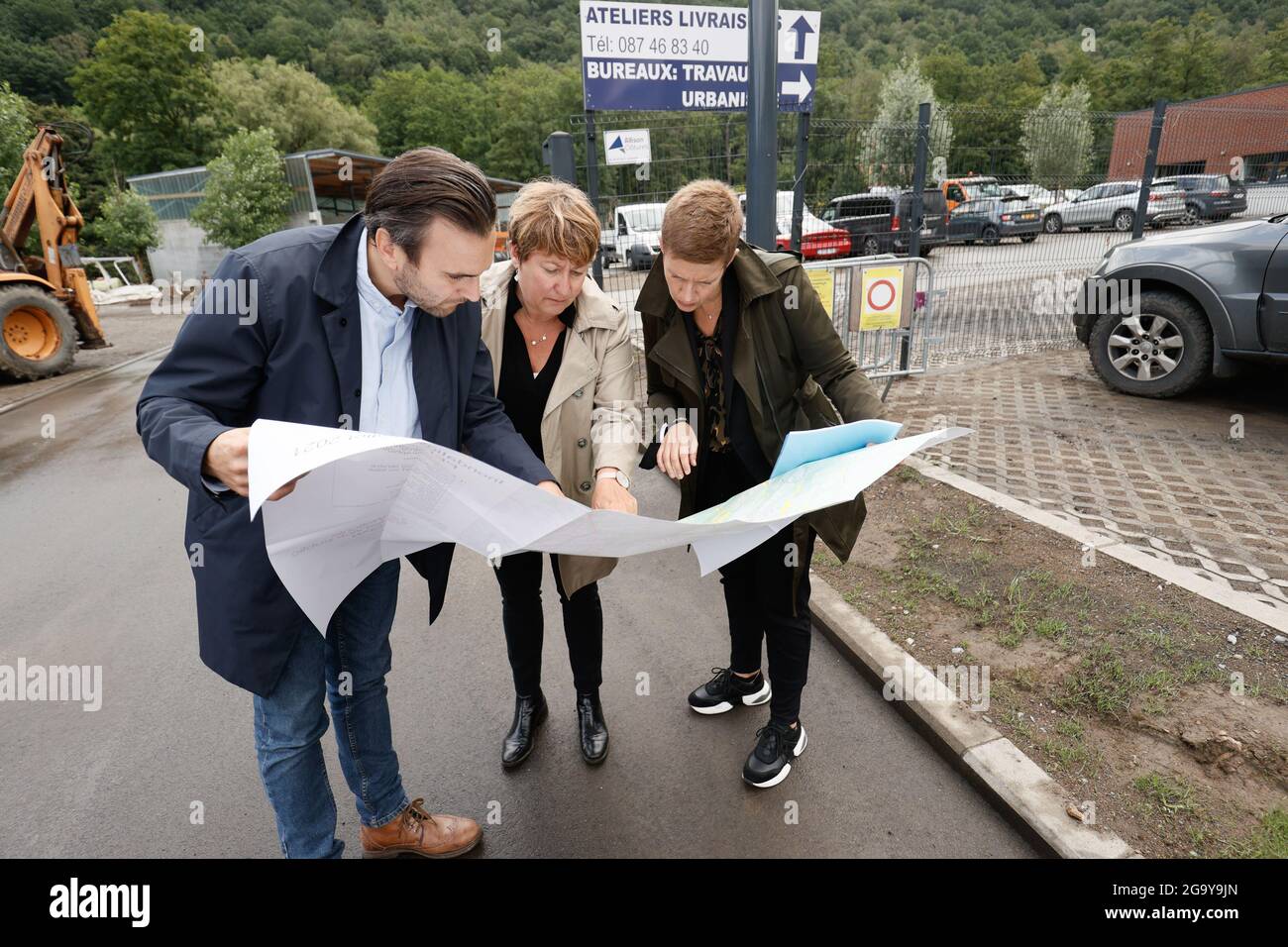 Walloon commissioner Sylvie Marique and Walloon commissioner Catherine Delcourt pictured during a working visit in Pepinster for the reconstruction af Stock Photo