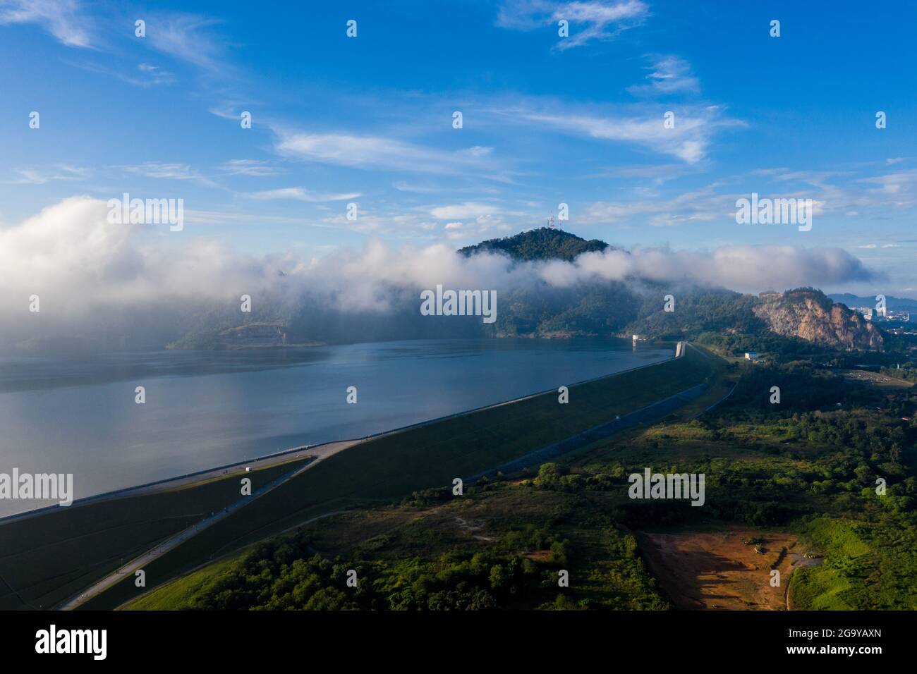 Aerial view of a coastal landscape with low cloud, Penang, Malaysia Stock Photo