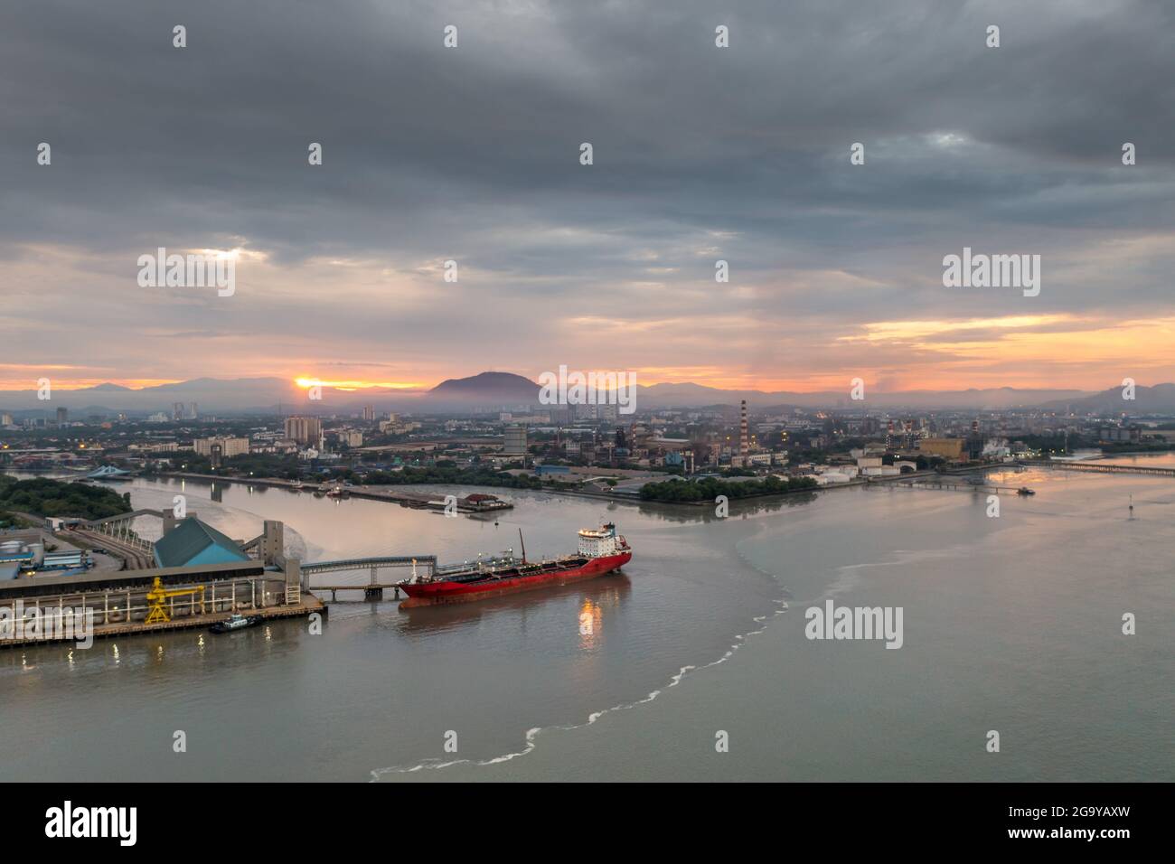 Aerial view of Penang Port at sunrise, Malaysia Stock Photo
